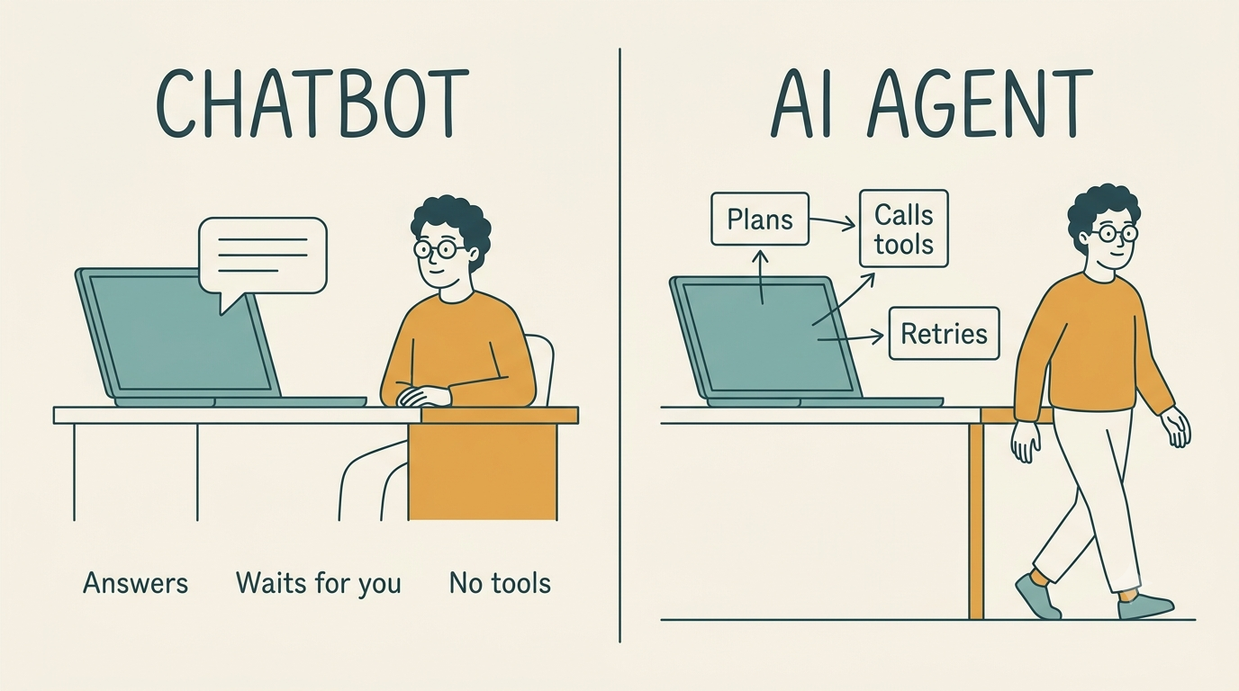 Split illustration comparing a chatbot that waits for a person with an AI agent that plans, calls tools and retries on its own