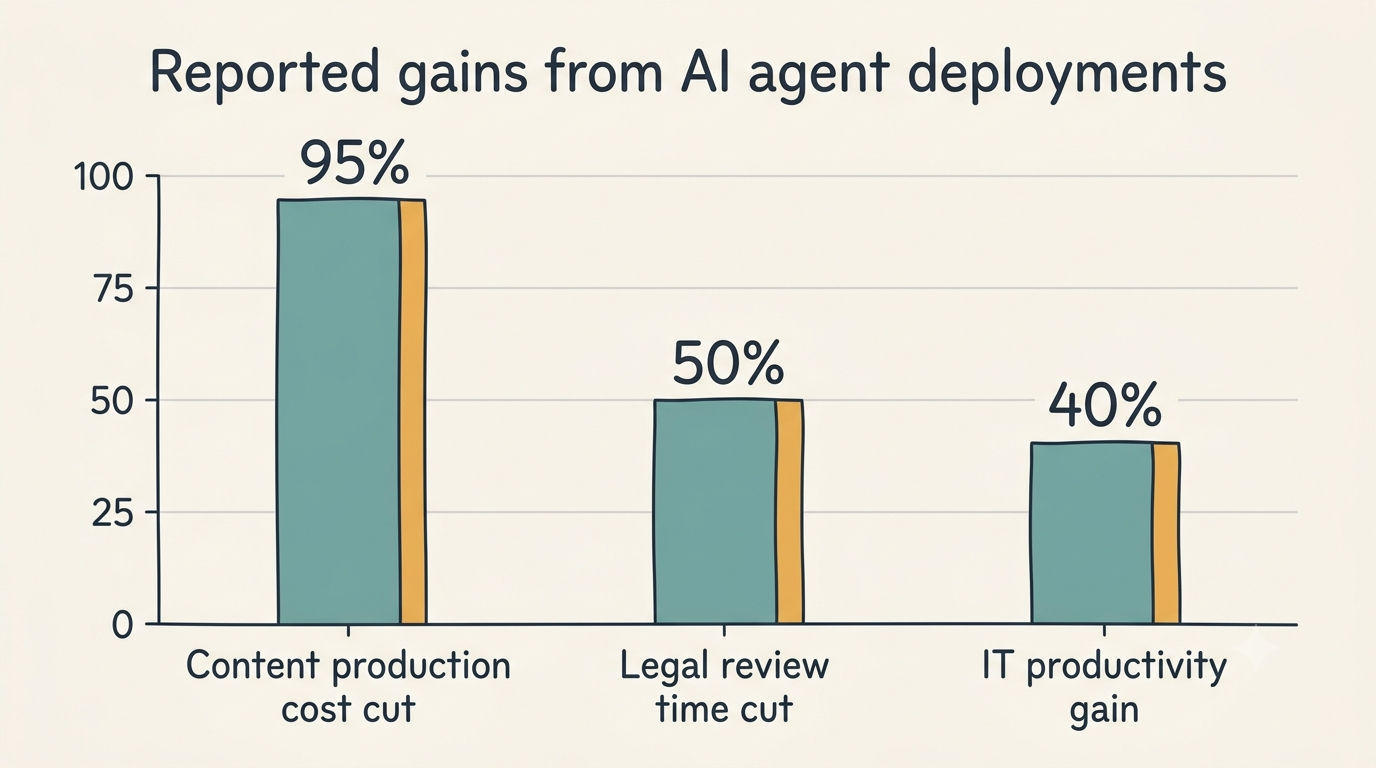 Bar chart of reported AI agent gains: content production cost cut 95 percent, legal review time cut 50 percent, IT productivity gain 40 percent