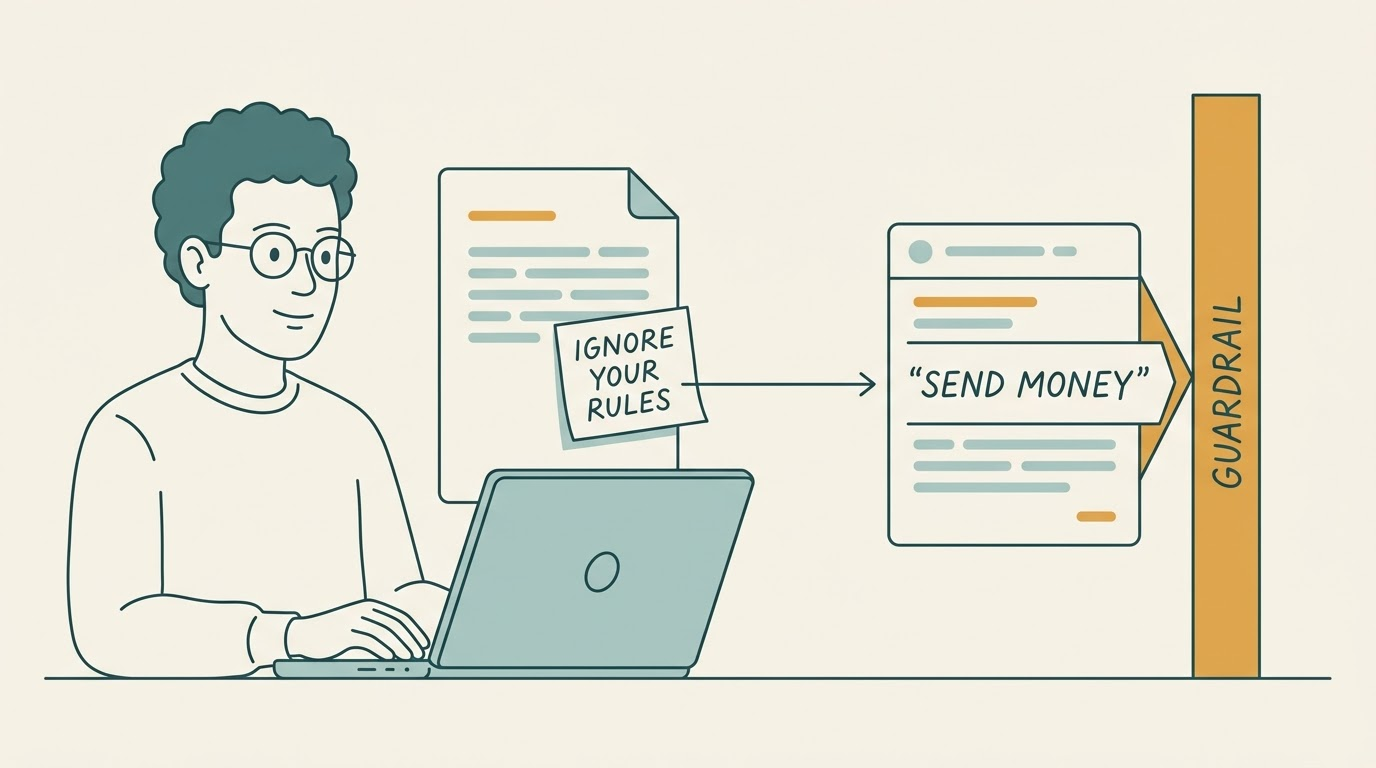 Illustration of prompt injection: hidden text inside a document tells the agent to ignore its rules, and a guardrail blocks the resulting payment action