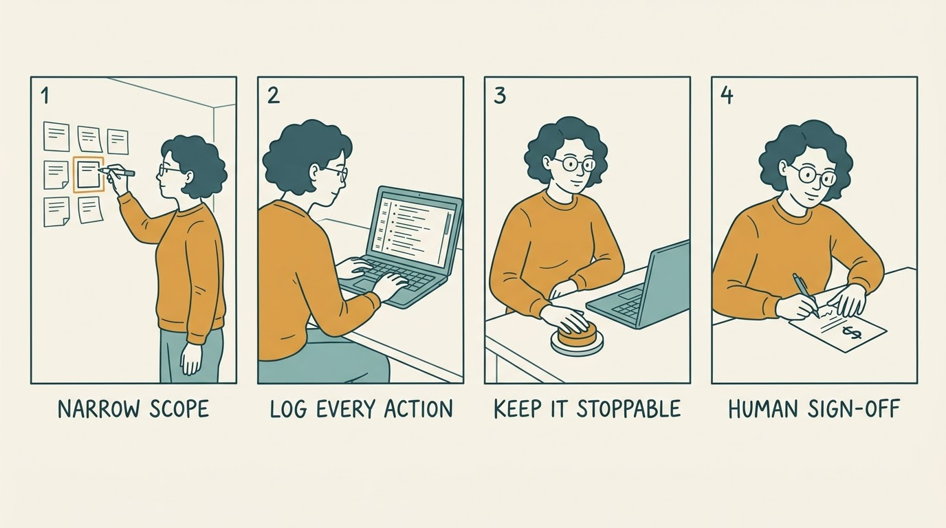 Four-panel storyboard of safe agent deployment: narrow scope, log every action, keep it stoppable, human sign-off before release